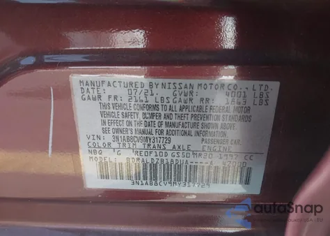 2021 Nissan Sentra Sv Xtronic Cvt из США, поврежденный, VIN 3N1AB8CV9MY317729